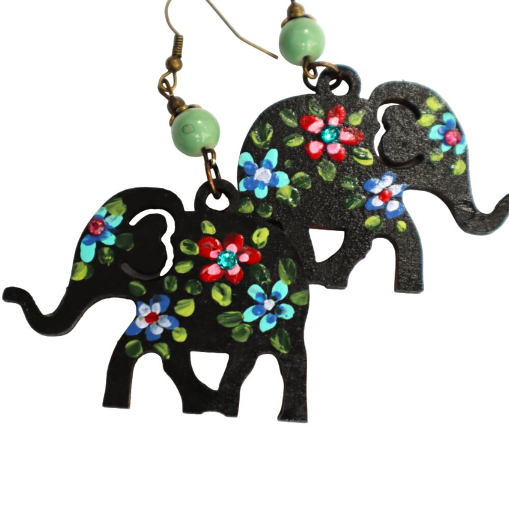 NEW Handmade Painted Black Elephant Earrings with Colorful Flowers Boho Jewelry
